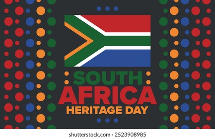 South Africa Heritage Day. Happy holiday. Celebrate culture and traditions of nation. South African flag. Poster with illustration. Pattern design. Vector