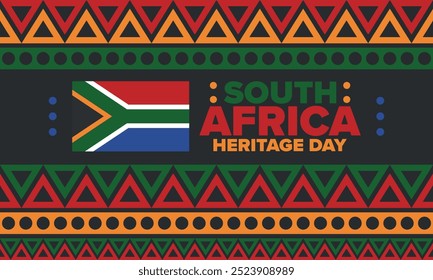 South Africa Heritage Day. Happy holiday. Celebrate culture and traditions of nation. South African flag. Poster with illustration. Pattern design. Vector