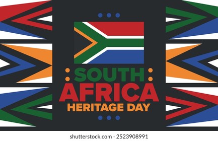 South Africa Heritage Day. Happy holiday. Celebrate culture and traditions of nation. South African flag. Poster with illustration. Pattern design. Vector