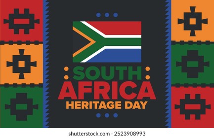 South Africa Heritage Day. Happy holiday. Celebrate culture and traditions of nation. South African flag. Poster with illustration. Pattern design. Vector