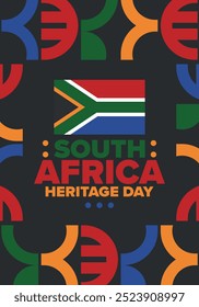 South Africa Heritage Day. Happy holiday. Celebrate culture and traditions of nation. South African flag. Poster with illustration. Pattern design. Vector