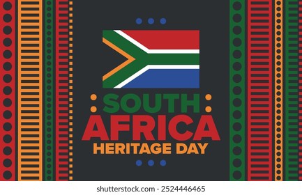 South Africa Heritage Day. Happy holiday. Celebrate culture and traditions of nation. South African flag. Poster with illustration. Pattern design. Vector