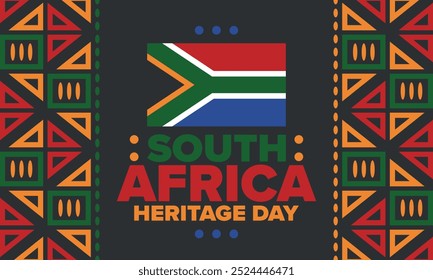 South Africa Heritage Day. Happy holiday. Celebrate culture and traditions of nation. South African flag. Poster with illustration. Pattern design. Vector