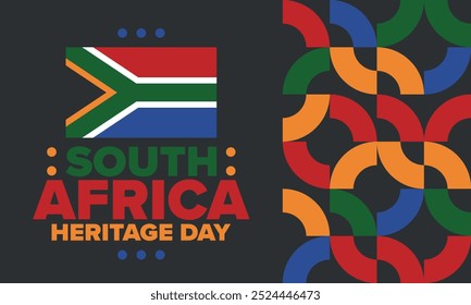 South Africa Heritage Day. Happy holiday. Celebrate culture and traditions of nation. South African flag. Poster with illustration. Pattern design. Vector