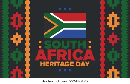 South Africa Heritage Day. Happy holiday. Celebrate culture and traditions of nation. South African flag. Poster with illustration. Pattern design. Vector