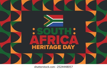 South Africa Heritage Day. Happy holiday. Celebrate culture and traditions of nation. South African flag. Poster with illustration. Pattern design. Vector