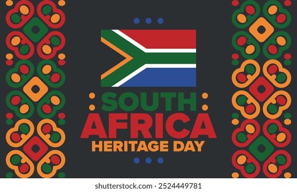 South Africa Heritage Day. Happy holiday. Celebrate culture and traditions of nation. South African flag. Poster with illustration. Pattern design. Vector