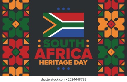 South Africa Heritage Day. Happy holiday. Celebrate culture and traditions of nation. South African flag. Poster with illustration. Pattern design. Vector