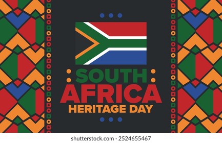 South Africa Heritage Day. Happy holiday. Celebrate culture and traditions of nation. South African flag. Poster with illustration. Pattern design. Vector