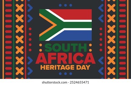 South Africa Heritage Day. Happy holiday. Celebrate culture and traditions of nation. South African flag. Poster with illustration. Pattern design. Vector