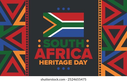 South Africa Heritage Day. Happy holiday. Celebrate culture and traditions of nation. South African flag. Poster with illustration. Pattern design. Vector