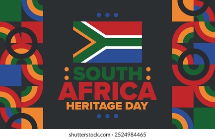 South Africa Heritage Day. Happy holiday. Celebrate culture and traditions of nation. South African flag. Poster with illustration. Pattern design. Vector