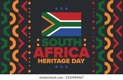 South Africa Heritage Day. Happy holiday. Celebrate culture and traditions of nation. South African flag. Poster with illustration. Pattern design. Vector