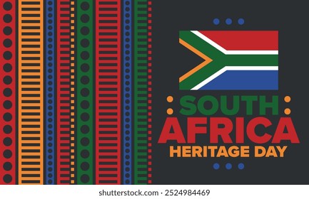 South Africa Heritage Day. Happy holiday. Celebrate culture and traditions of nation. South African flag. Poster with illustration. Pattern design. Vector