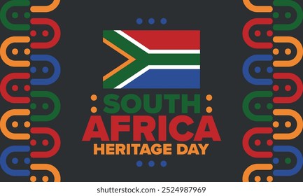 South Africa Heritage Day. Happy holiday. Celebrate culture and traditions of nation. South African flag. Poster with illustration. Pattern design. Vector