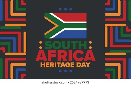 South Africa Heritage Day. Happy holiday. Celebrate culture and traditions of nation. South African flag. Poster with illustration. Pattern design. Vector