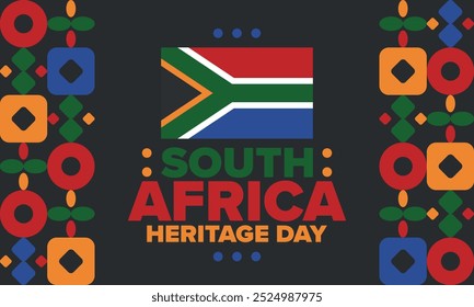 South Africa Heritage Day. Happy holiday. Celebrate culture and traditions of nation. South African flag. Poster with illustration. Pattern design. Vector