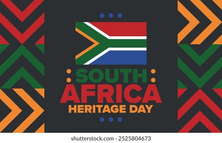 South Africa Heritage Day. Happy holiday. Celebrate culture and traditions of nation. South African flag. Poster with illustration. Pattern design. Vector