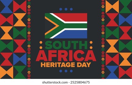 South Africa Heritage Day. Happy holiday. Celebrate culture and traditions of nation. South African flag. Poster with illustration. Pattern design. Vector