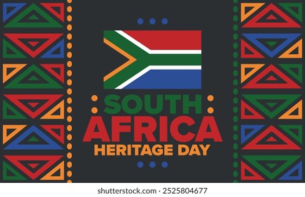 South Africa Heritage Day. Happy holiday. Celebrate culture and traditions of nation. South African flag. Poster with illustration. Pattern design. Vector