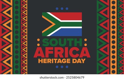 South Africa Heritage Day. Happy holiday. Celebrate culture and traditions of nation. South African flag. Poster with illustration. Pattern design. Vector