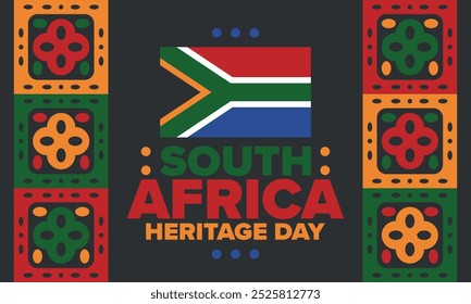 South Africa Heritage Day. Happy holiday. Celebrate culture and traditions of nation. South African flag. Poster with illustration. Pattern design. Vector