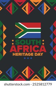 South Africa Heritage Day. Happy holiday. Celebrate culture and traditions of nation. South African flag. Poster with illustration. Pattern design. Vector