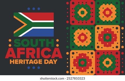 South Africa Heritage Day. Happy holiday. Celebrate culture and traditions of nation. South African flag. Poster with illustration. Pattern design. Vector