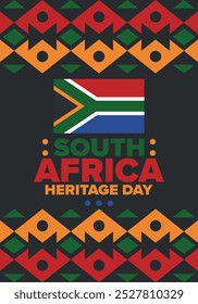 South Africa Heritage Day. Happy holiday. Celebrate culture and traditions of nation. South African flag. Poster with illustration. Pattern design. Vector