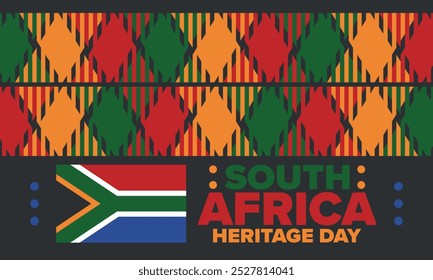 South Africa Heritage Day. Happy holiday. Celebrate culture and traditions of nation. South African flag. Poster with illustration. Pattern design. Vector