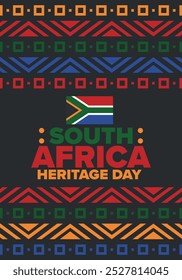 South Africa Heritage Day. Happy holiday. Celebrate culture and traditions of nation. South African flag. Poster with illustration. Pattern design. Vector