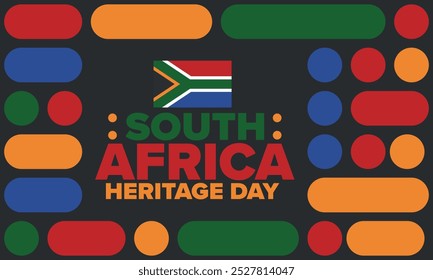 South Africa Heritage Day. Happy holiday. Celebrate culture and traditions of nation. South African flag. Poster with illustration. Pattern design. Vector