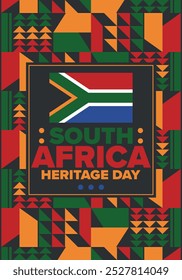 South Africa Heritage Day. Happy holiday. Celebrate culture and traditions of nation. South African flag. Poster with illustration. Pattern design. Vector