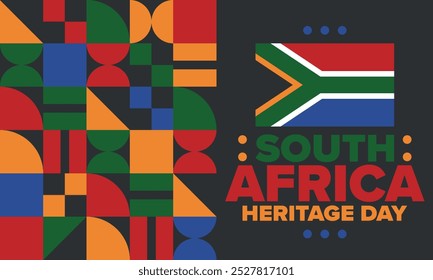 South Africa Heritage Day. Happy holiday. Celebrate culture and traditions of nation. South African flag. Poster with illustration. Pattern design. Vector