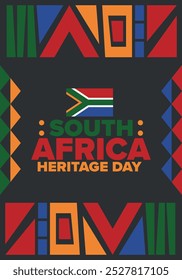 South Africa Heritage Day. Happy holiday. Celebrate culture and traditions of nation. South African flag. Poster with illustration. Pattern design. Vector