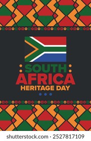 South Africa Heritage Day. Happy holiday. Celebrate culture and traditions of nation. South African flag. Poster with illustration. Pattern design. Vector