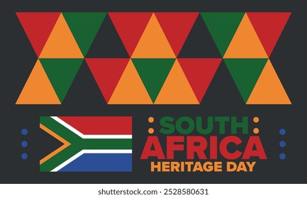 South Africa Heritage Day. Happy holiday. Celebrate culture and traditions of nation. South African flag. Poster with illustration. Pattern design. Vector