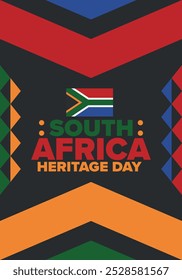 South Africa Heritage Day. Happy holiday. Celebrate culture and traditions of nation. South African flag. Poster with illustration. Pattern design. Vector