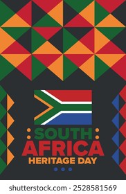 South Africa Heritage Day. Happy holiday. Celebrate culture and traditions of nation. South African flag. Poster with illustration. Pattern design. Vector