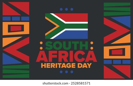 South Africa Heritage Day. Happy holiday. Celebrate culture and traditions of nation. South African flag. Poster with illustration. Pattern design. Vector