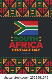 South Africa Heritage Day. Happy holiday. Celebrate culture and traditions of nation. South African flag. Poster with illustration. Pattern design. Vector