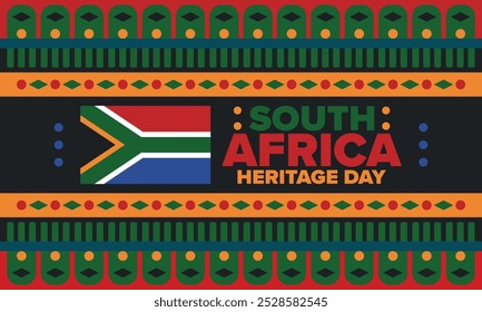 South Africa Heritage Day. Happy holiday. Celebrate culture and traditions of nation. South African flag. Poster with illustration. Pattern design. Vector