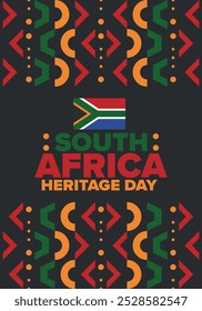 South Africa Heritage Day. Happy holiday. Celebrate culture and traditions of nation. South African flag. Poster with illustration. Pattern design. Vector