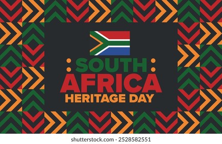 South Africa Heritage Day. Happy holiday. Celebrate culture and traditions of nation. South African flag. Poster with illustration. Pattern design. Vector