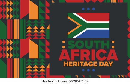 South Africa Heritage Day. Happy holiday. Celebrate culture and traditions of nation. South African flag. Poster with illustration. Pattern design. Vector