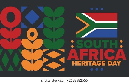 South Africa Heritage Day. Happy holiday. Celebrate culture and traditions of nation. South African flag. Poster with illustration. Pattern design. Vector