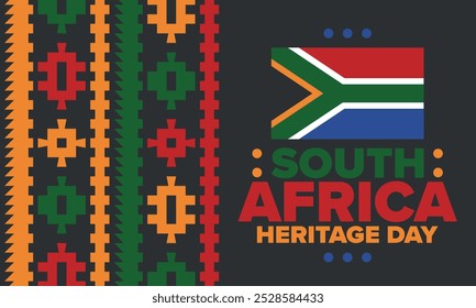 South Africa Heritage Day. Happy holiday. Celebrate culture and traditions of nation. South African flag. Poster with illustration. Pattern design. Vector