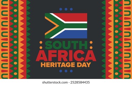 South Africa Heritage Day. Happy holiday. Celebrate culture and traditions of nation. South African flag. Poster with illustration. Pattern design. Vector