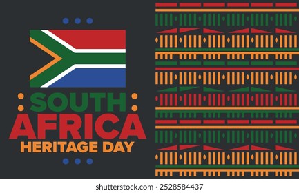 South Africa Heritage Day. Happy holiday. Celebrate culture and traditions of nation. South African flag. Poster with illustration. Pattern design. Vector