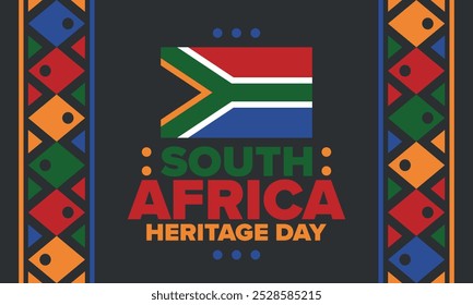 South Africa Heritage Day. Happy holiday. Celebrate culture and traditions of nation. South African flag. Poster with illustration. Pattern design. Vector